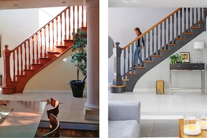 La escalera, que refleja el estilo señorial de la casa, se mantuvo con un nuevo giro: pintada de gris Iron Ore 7069 (Sherwin Williams), pero dejando a la vista el roble de los peldaños y la baranda. Dressoir bajo la escalera diseñado por la dueña de casa y banco Muelita (Familia Echaide). Macetas y plantas (Ciudad Naturaleza).