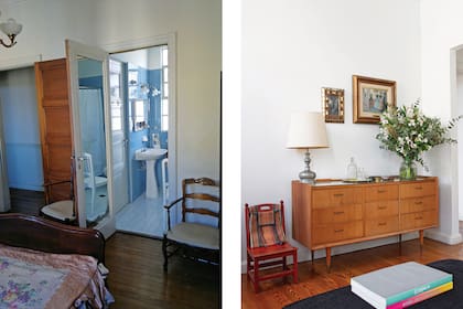 ANTES: todavía estaba la puerta que comunicaba el baño con el dormitorio. DESPUÉS: la nueva cómoda mantiene el estilo vintage (Mercado de Pulgas de Dorrego).
