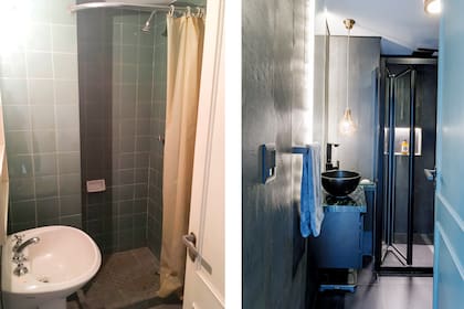 El toilette se actualizó con revestimiento en gres porcelánico ‘Metaline Iron’ de Italgraniti (SBG), bacha negra (Carabath) sobre mesada de mármol ‘Verde Oriental’ (Eurostone), grifería Thol (Cortes) y lámpara de cobre (Rapsodia Home).