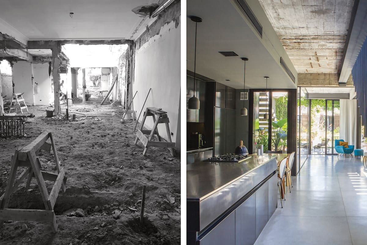 Fotos del antes y después de una cocina reformada con muebles de cocina en chapa laminada en caliente y escalera colgante de hierro.
