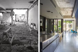 Fotos del antes y después de una cocina reformada con muebles de cocina en chapa laminada en caliente y escalera colgante de hierro.