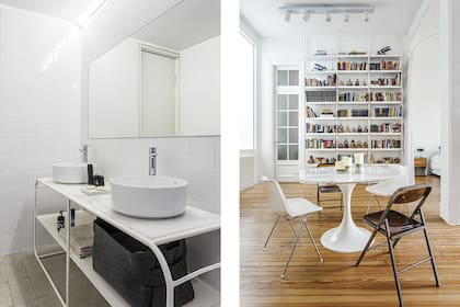 En el baño, mueble de hierro diseñado por la dueña de casa. Mesada de mármol (Itati Marmolería). Bachas ‘Sound’ (Roca). Grifería ‘Coty’ (FV). Azulejos blancos de 15x15 cm. Artefacto de iluminación (Huup).