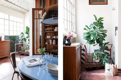 Zorra comprada a un ex empleado del ferrocarril. Mueble con frente de persiana heredado. Ficus pandurata (Tou Tou Galpón). Macetas de mimbre (Puerto de Frutos) y de cerámica hecha por Verónica. Azulejos a pedido (Carabath).