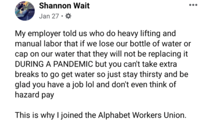 Fragmento de la publicación de Facebook de Shannon Wait sobre lo sucedido en el trabajo