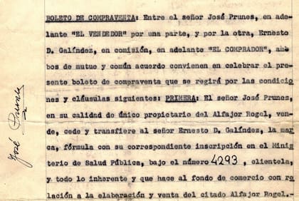 Fragmento del contrato de compra-venta celebrado entre José Prunes y Ernesto Galíndez en 1966.