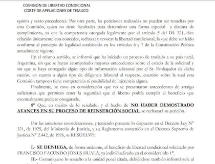 Fragmento del fallo por el cual se le denegó la libertad condicional a Jones Huala en Chile