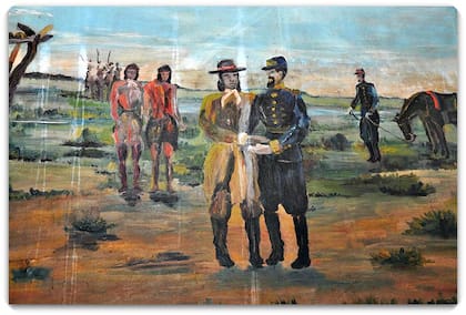 Fragmento del óleo pintado Juan Carlos Lassalle que muestra el encuentro entre Mansilla y Mariano Rosas. Hoy se ve en la escuela agrotécnica de Victorica, La Pampa.