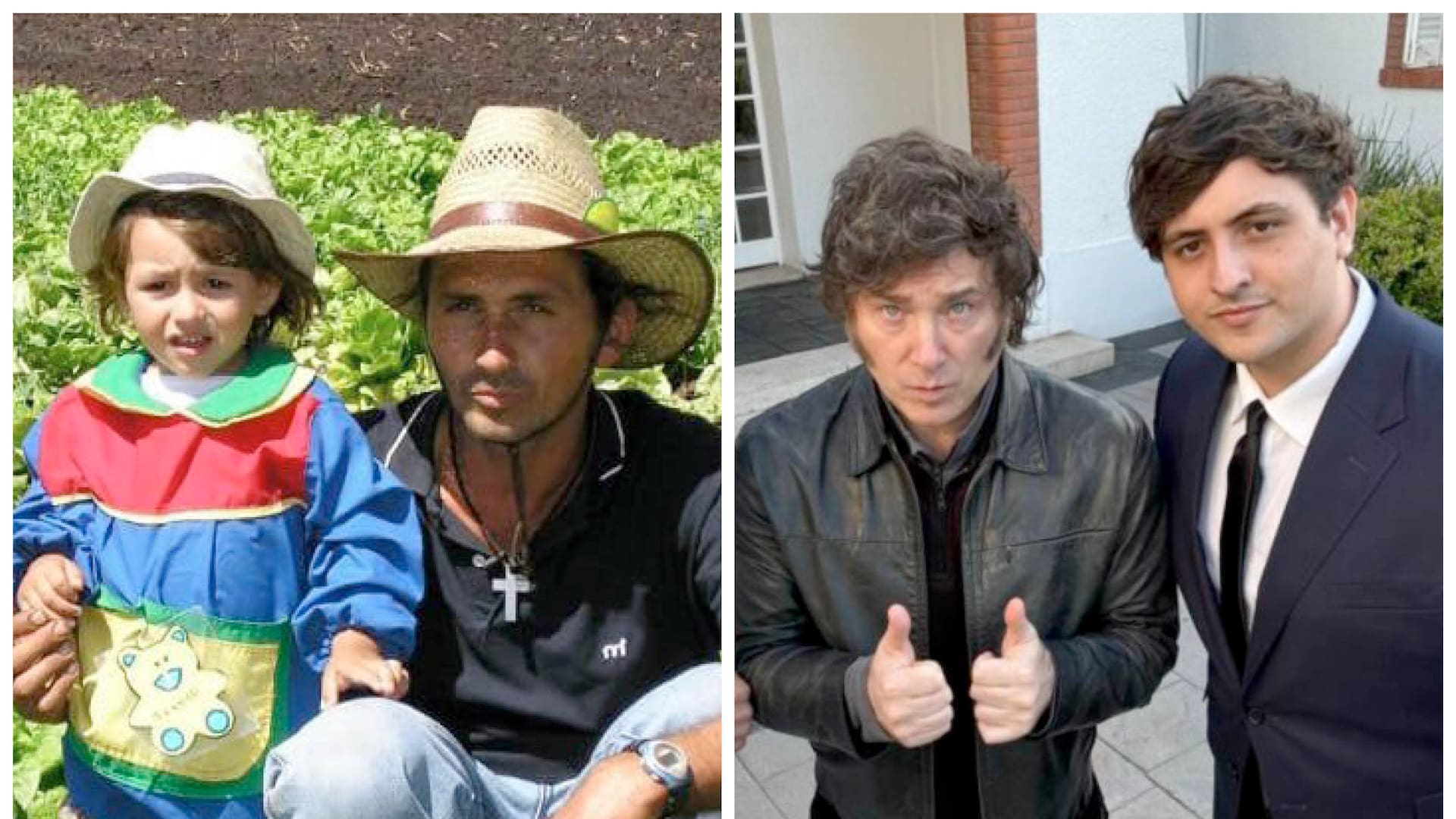 Franco Antunes, con su padre, en la chacra de Ranelagh (izquierda); con el presidente Javier Milei tras haber sido agredido en el Congreso