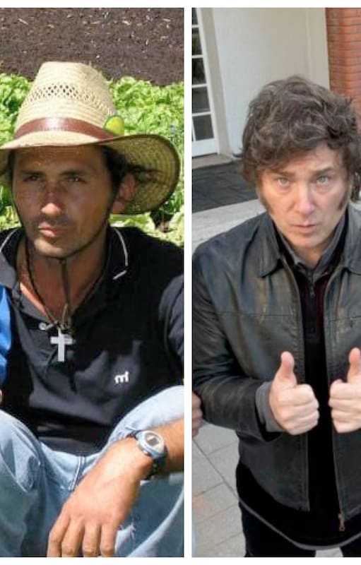 Franco Antunes, con su padre, en la chacra de Ranelagh (izquierda); con el presidente Javier Milei tras haber sido agredido en el Congreso