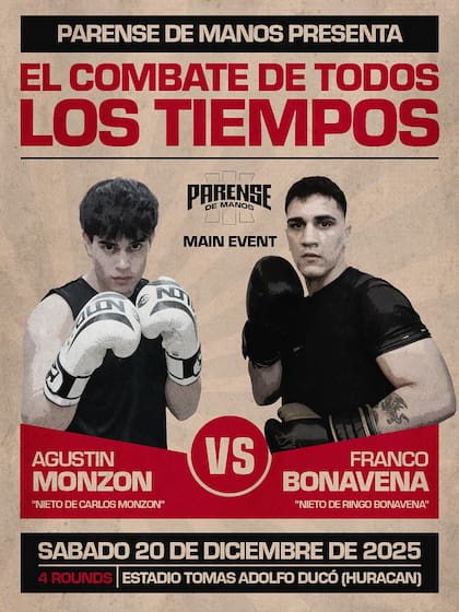 Franco Bonavena y Agustín Monzón, nieto del icónico Carlos, confirmaron que se enfrentarán el 20 de diciembre en el evento Párense de Manos (Foto: Instagram/@bonavena_franco)