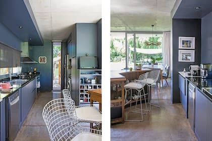 El mueble semicircular aparece como barra de un lado y desayunador del otro. El gris ‘Cyberspace’ (Sherwin-Williams) tiene gran protagonismo en la cocina, donde muebles y el aire acondicionado, pintado, se mimetizan con el fondo.