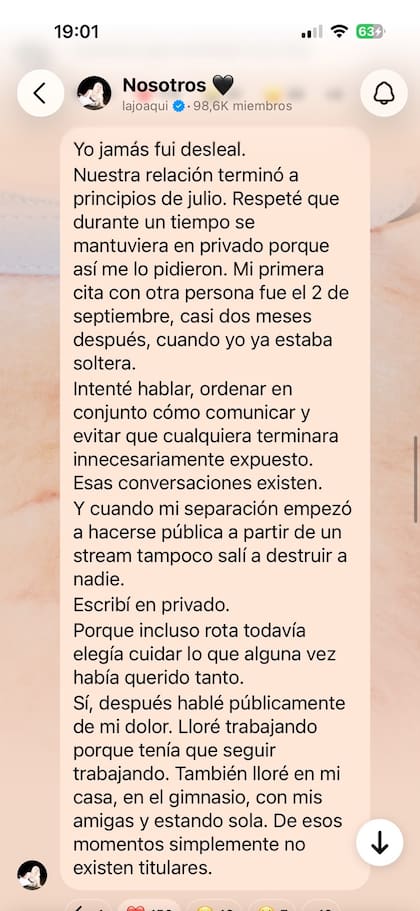 Frente a las versiones de infidelidad, fue tajante: “Yo jamás fui desleal”. Según explicó, su relación con Luck Ra terminó a principios de julio y tuvo su primera cita con otra persona el 2 de septiembre