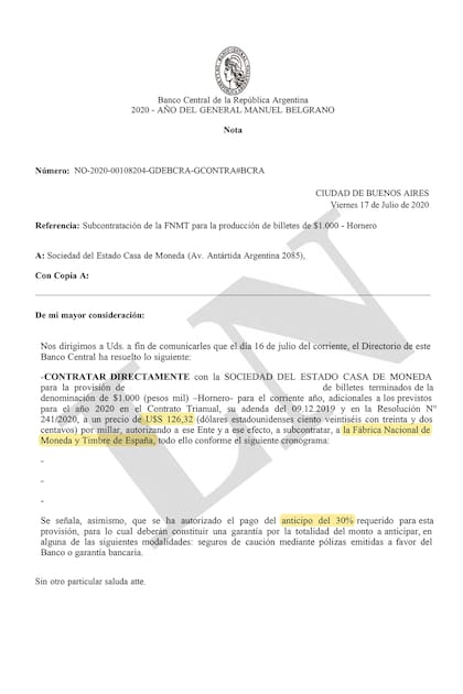 Frente al temor de que falten billetes para asistir a la demanda de fin de año, el Gobierno ordenó la compra de una partida de papeles de $1000 a la Casa de Moneda y Timbre de España.