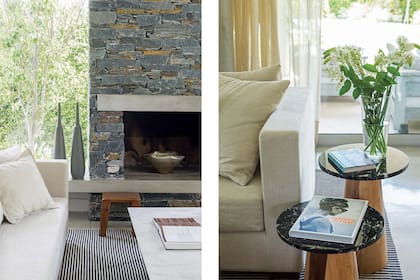 El frente de chimenea de piedra murete San Luis fue el punto de partida para la paleta de color del living. Alfombra lavable (Rug It)