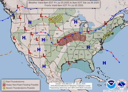 Frente estacionario y onda corta generarán tormentas severas desde Kansas hasta el Noreste, con riesgo de inundaciones en suelos ya saturados de Missouri, Illinois e Indiana