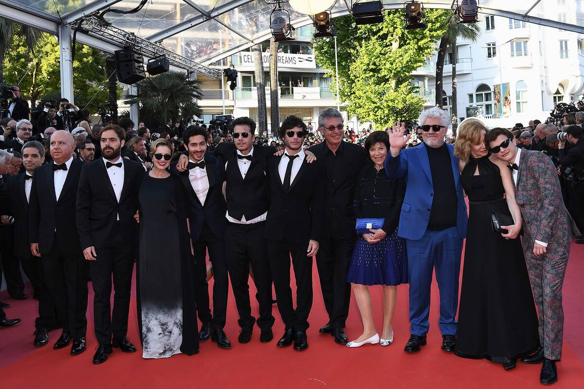 From R) Argentinian actor Lorenzo Ferro, Argentinian actress Cecilia Roth, Spanish director and producer Pedro Almodovar, Spanish entrepreneur Silvia Gold, her husband Argentinian producer Hugo Sigman, Argentinian director Luis Ortega, Argentinian producer Sebastian Ortega, Argentinian actor Chino D