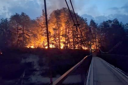 Fuego en la pasarela del río Arrayanes, cercano al Alerzal Milenario