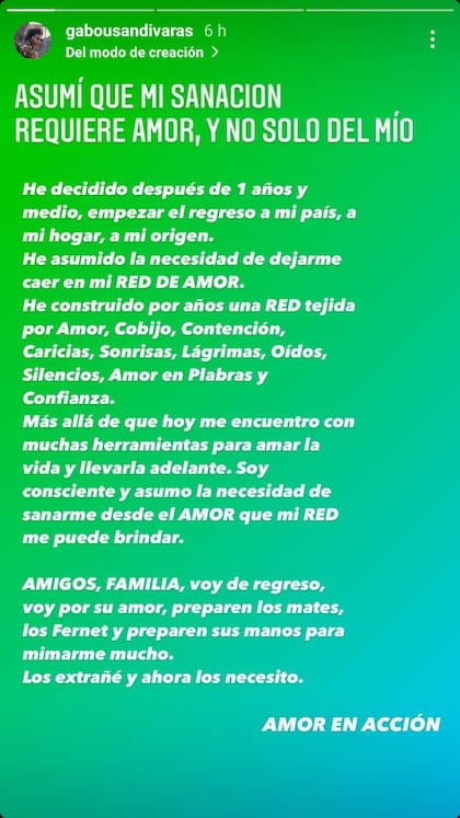 Gabo Usandivaras anunció en sus redes sociales que volverá a vivir a Argentina