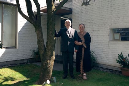 Gabo y Mercedes, en 2012, treinta años después de la foto del anuncio del Nobel, junto al mismo árbol, con la misma bata
