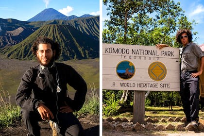 Gabriel Vivanco con el volcán Bromo detrás (izquierda) y él en el Parque Nacional Komodo ubicado en Indonesia (derecha)