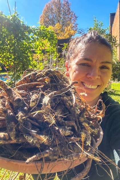 Gabriela Creciente junto a su cosecha de topinambur.
