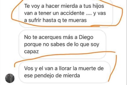 Estos son los chats que demostrarían las amenazas de Yacarini contra Gabriela y sus hijos, siempre desde perfiles sin identificación real