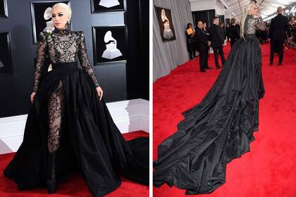Siempre polémica pero indudablemente innovadora, Lady GaGa eligió un diseño con cola de Armani en encaje negro y tafetán; lo más impactante su peinado encorsetado con lazo negro,¿temporada de reinas?