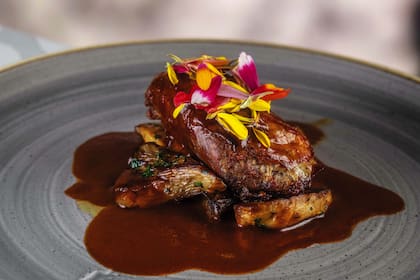 Gallina de Guinea, hongos y salsa de vinagre, uno de los principales de Oseille.