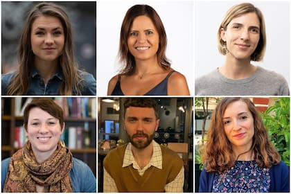 Ganadores del fellowship de la Feria del Libro porteña: Jolijn Swager, Susana Baptista, Leticia Vila-Sanjuán, Kathleen Merz, Rory Williamson y Alexia Caizzi