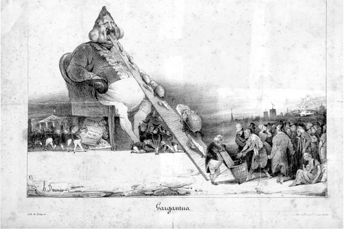 Gargantúa, litografía, 1831: por su versión Luis Felipe I como el voraz personaje de François Rabelais, Daumier fue encarcelado seis meses