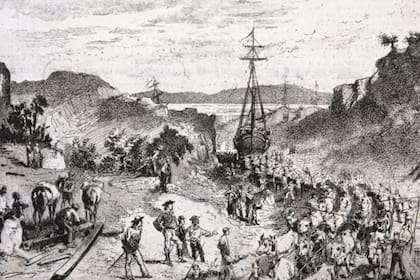Garibaldi y sus hombres transportando botes desde la laguna Los Patos hasta el lago Tramandahy, durante la Revolución Farroupilha o Guerra de los Farrapos en de Rio Grande do Sul, en Brasil