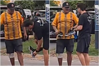Gastón y su hija Martina se cruzaron con un cartonero que recorría las calles descalzo; mientras el padre le regalaba sus zapatillas, su pequeña de 10 años lo grababa desde el auto (Foto: Captura de video)