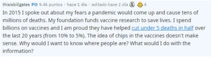 Gates habló sobre las teorías conspirativas que lo acusan de querer manipular a los seres humanos (Foto: captura Reddit)