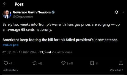 Gavin Newsom acusa a Donald Trump por el aumento de la gasolina