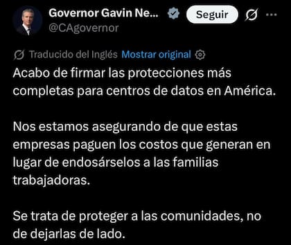 Gavin Newsom aseguró que California aprobó “las protecciones para data centers más completas de Estados Unidos”