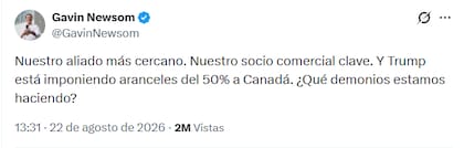 Gavin Newsom cuestionó los aranceles de EE.UU. a Canadá
