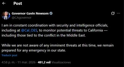 Gavin Newsom descarta amenazas inminentes de Irán