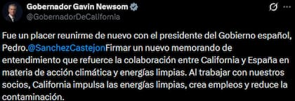 Gavin Newsom difundió el acuerdo desde su cuenta oficial en X, en donde destacó el fortalecimiento del vínculo climático bilateral con España