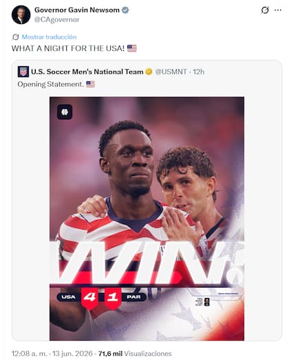 Gavin Newsom, gobernador de California, celebró la victoria de EE.UU. ante Paraguay en el Mundial 2026