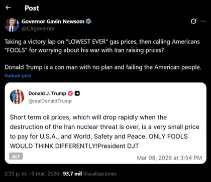 Gavin Newsom llama a Donald Trump estafador