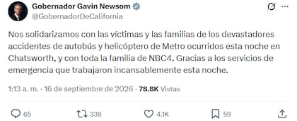Gavin Newsom se solidarizó con las familias de las víctimas del accidente