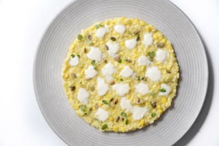Risotto de maíz, queso de cabra y semillas de zapallo