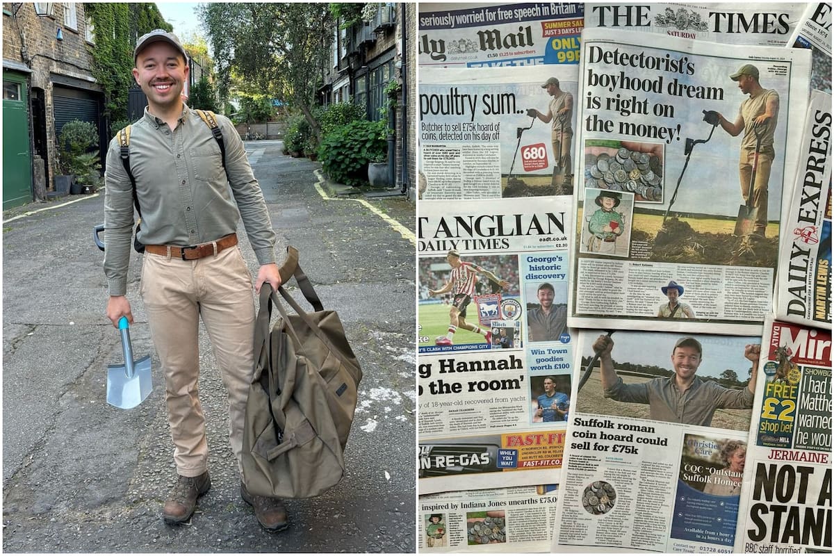 George Ridgway, quien hizo el descubrimiento en un campo de cebada recién cosechado en Helmingham Hall, cerca de Stowmarket, llegó a la tapa de los tabloides británicos