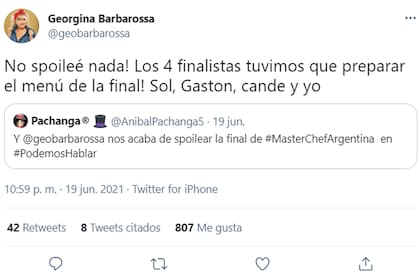Georgina Barbarossa le respondió a un seguidor que la acusó de anticipar la supuesta final de MasterChef Celebrity