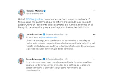 Gerardo Morales le respondió a Cristina de Kirchner a través de un hilo de Twitter