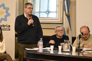 Germán Martínez, presidente del bloque de UP, al hablar en la conferencia de prensa en la que se presentó la denuncia contra Bullrich