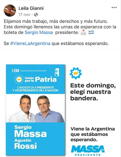 Gianni militó durante las elecciones por el candidato de UP, Sergio Massa