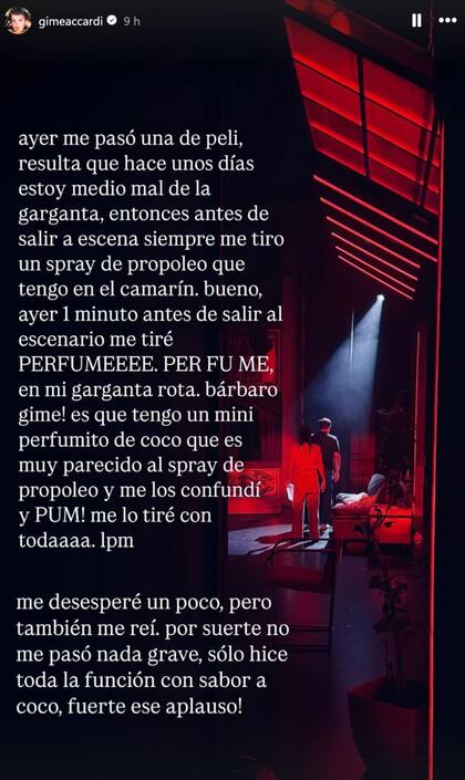 Gimena Accardi reveló que en lugar de usar un spray de propóleo para la garganta, terminó tirándose perfume (Foto: Instagram @gimeaccardi)