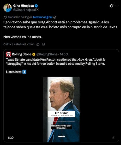 Gina Hinojosa apuntó contra Greg Abbott en redes sociales