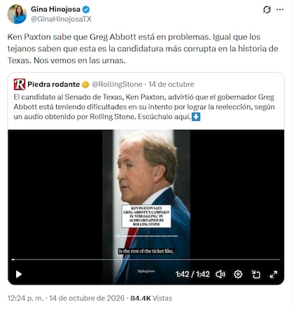 Gina Hinojosa asegura que Ken Paxton reconoce que Greg Abbott "está en problemas" de cara a las elecciones generales del 3 de noviembre